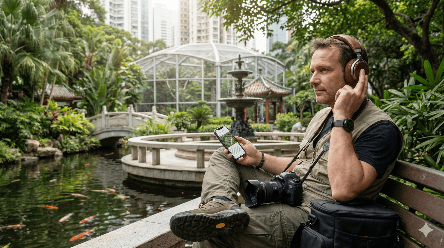 Hong Kong Self-Guided Audio Tour by Uvamai Niche Tourism, featuring a smartphone with map and audio guide interface on screen.