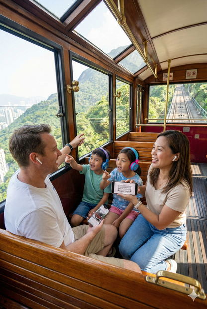 Hong Kong Self-Guided Audio Tour by Uvamai Niche Tourism, featuring headphones and mobile device with tour interface.