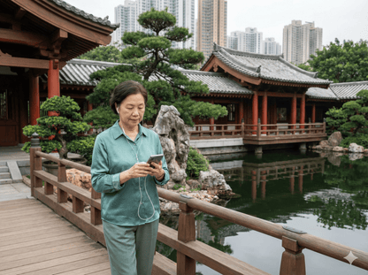 Hong Kong self-guided audio tour by Uvamai Niche Tourism, showing a smartphone with map and headphones for exploring the city.