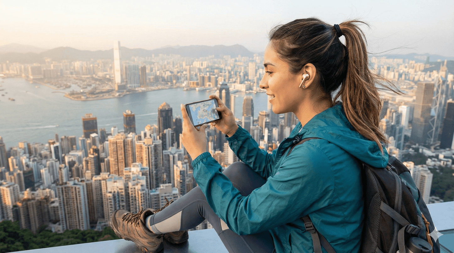 Hong Kong Self-Guided Audio Tour by Uvamai Niche Tourism with smartphone and headphones ready for exploring the city.