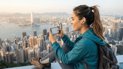 Hong Kong Self-Guided Audio Tour by Uvamai Niche Tourism with smartphone and headphones ready for exploring the city.
