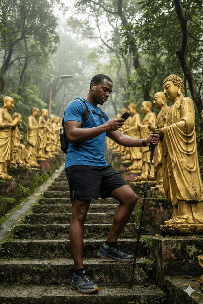 Hong Kong self-guided audio tour by Uvamai Niche Tourism featuring a smartphone displaying tour interface with city landmarks.