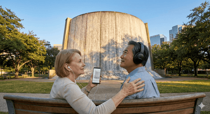 Audio tour device for Houston city exploration by Uvamai Niche Tourism, featuring headphones and tour interface.