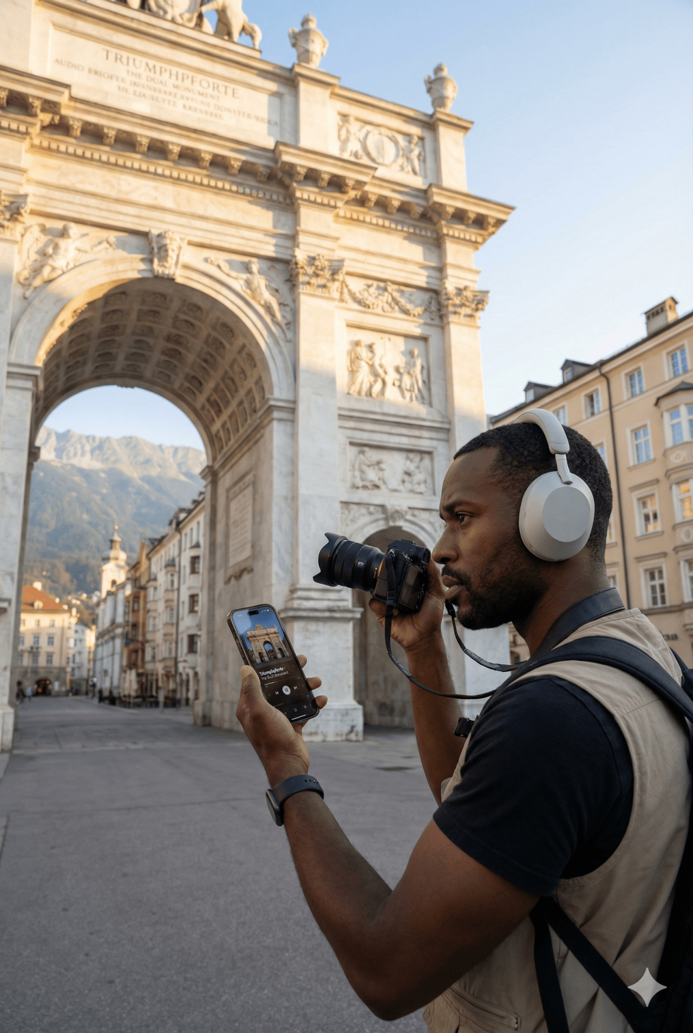Audio tour device for Innsbruck self-guided audio tour by Uvamai Niche Tourism, showing headphones and tour controls.