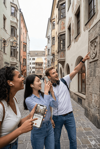Self-guided audio tour device for Innsbruck, featuring headphones and control buttons, by Uvamai Niche Tourism.