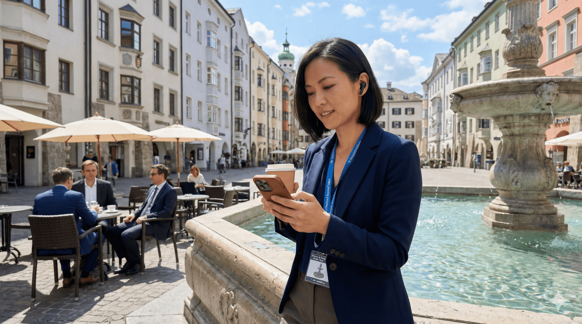 Innsbruck Self-Guided Audio Tour by Uvamai Niche Tourism, with headphones and smartphone showing tour app interface.