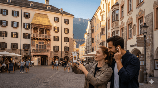Audio guide device for Innsbruck Self-Guided Audio Tour by Uvamai Niche Tourism, showing headphones and tour interface.