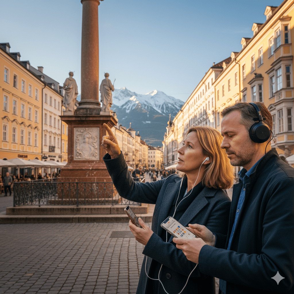 Innsbruck Self-Guided Audio Tour by Uvamai Niche Tourism, featuring a smartphone with scenic Innsbruck landmarks on screen.