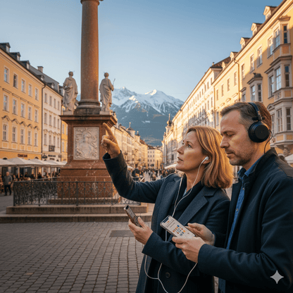 Innsbruck Self-Guided Audio Tour by Uvamai Niche Tourism, featuring a smartphone with scenic Innsbruck landmarks on screen.