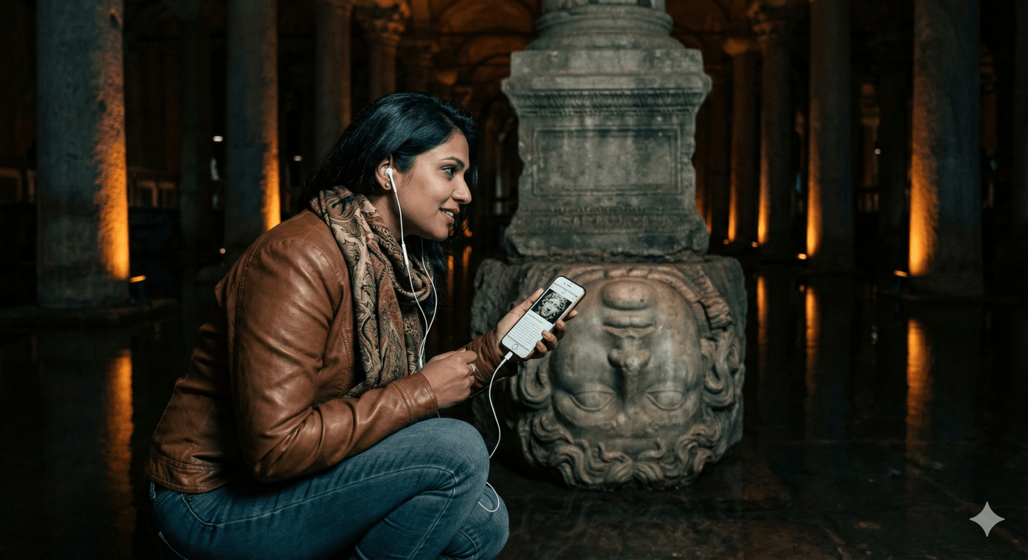 Istanbul Self-Guided Audio Tour by Uvamai Niche Tourism, with headphones and mobile device showing Istanbul landmarks on screen