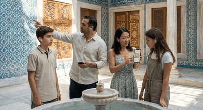 Istanbul self-guided audio tour by Uvamai Niche Tourism, showing a smartphone with Istanbul landmarks on the screen.