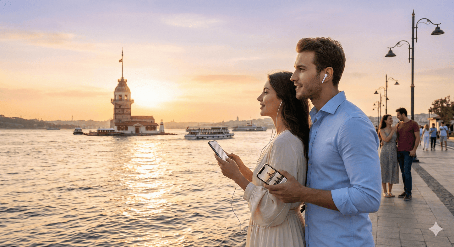 Self-guided audio tour for Istanbul by Uvamai Niche Tourism, featuring headphones and mobile device for exploring the city.