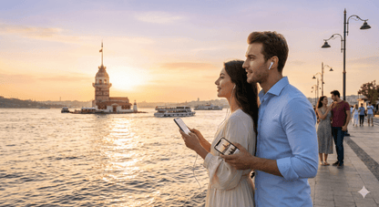 Self-guided audio tour for Istanbul by Uvamai Niche Tourism, featuring headphones and mobile device for exploring the city.
