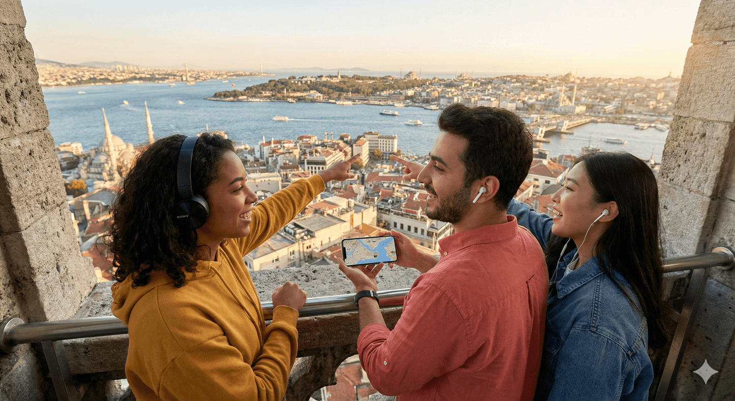 Istanbul self-guided audio tour by Uvamai Niche Tourism, audio device with map and headphones, exploring historic landmarks.
