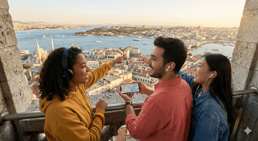 Istanbul self-guided audio tour by Uvamai Niche Tourism, audio device with map and headphones, exploring historic landmarks.