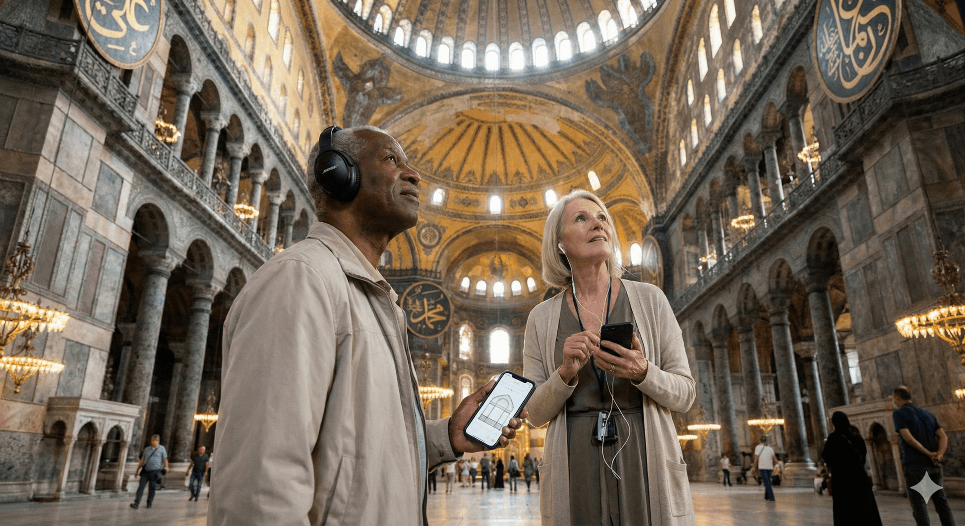 Istanbul self-guided audio tour by Uvamai Niche Tourism, showing a traveler with headphones exploring historic sites in Istanbul.