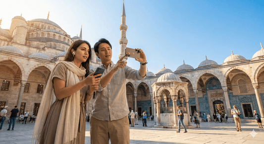Istanbul self-guided audio tour by Uvamai Niche Tourism, featuring headphones and mobile device showing tour interface.