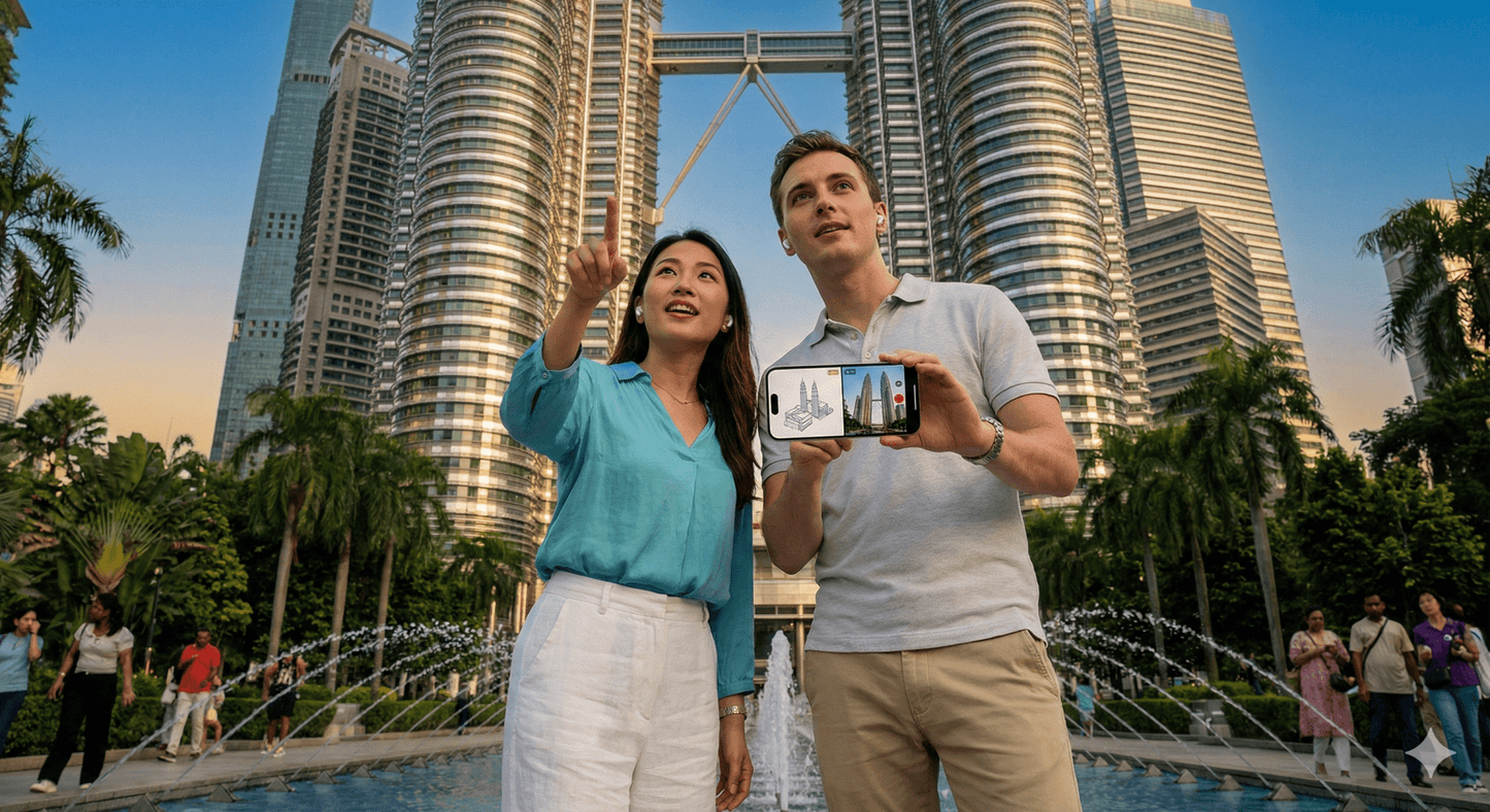 Kuala Lumpur self-guided audio tour by Uvamai Niche Tourism, showing a cityscape with iconic skyline and landmarks.