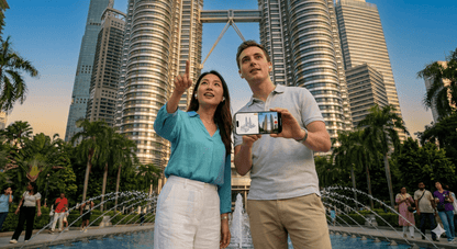 Kuala Lumpur self-guided audio tour by Uvamai Niche Tourism, showing a cityscape with iconic skyline and landmarks.