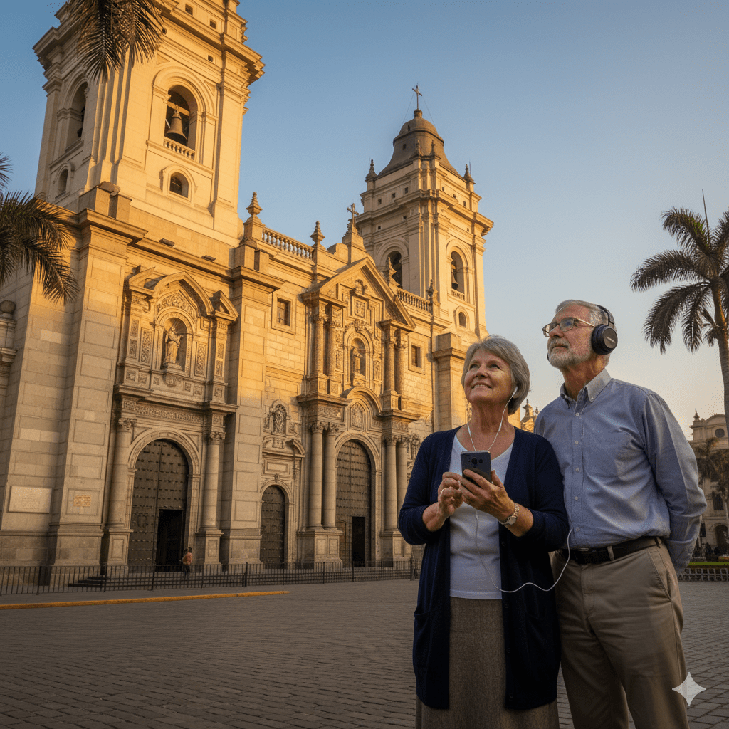 Lima Self-Guided Audio Tour by Uvamai Niche Tourism shown on mobile device screen with maps and audio controls.
