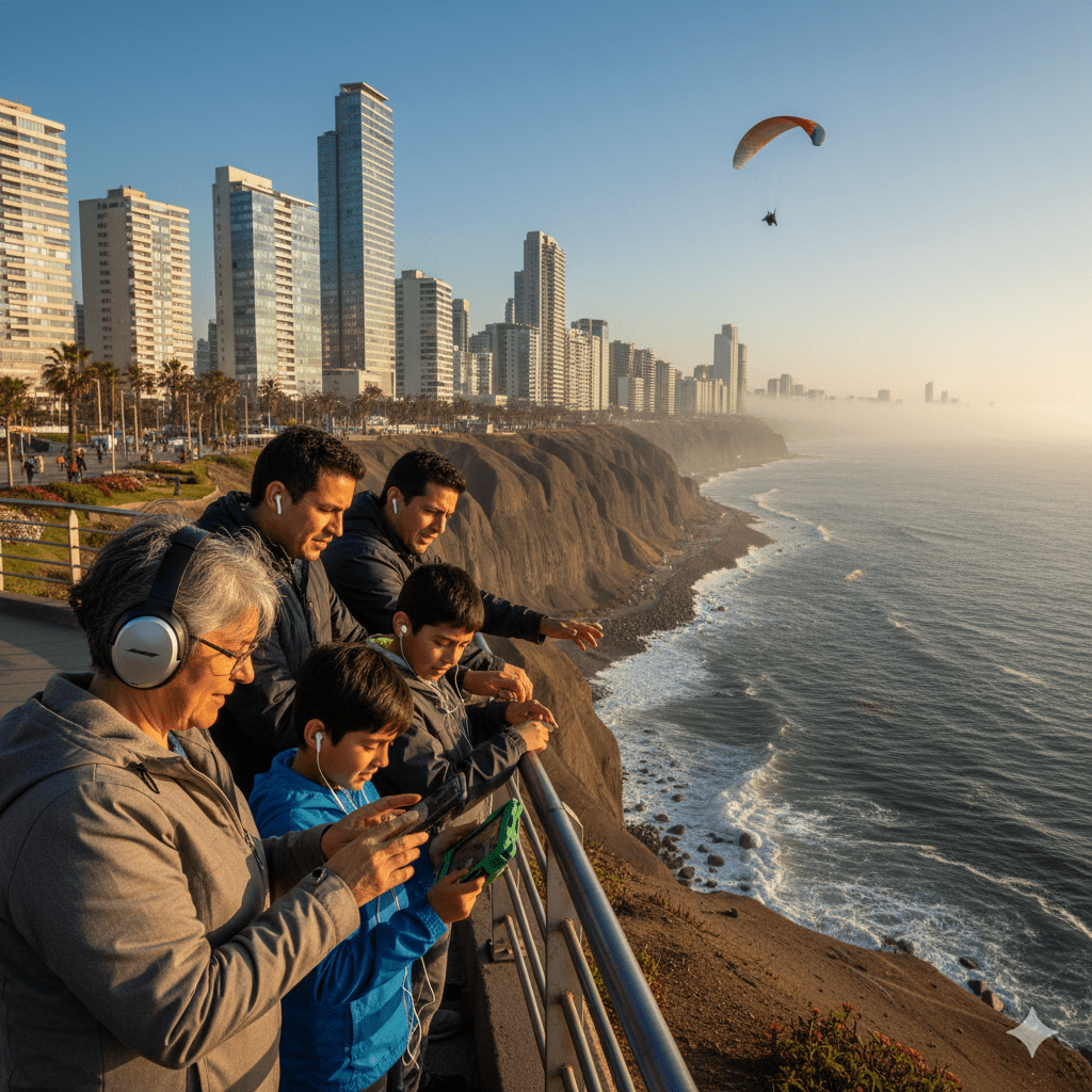 Audio tour device for Lima city, featuring Uvamai Niche Tourism's self-guided audio tour with headphones and tour controls.