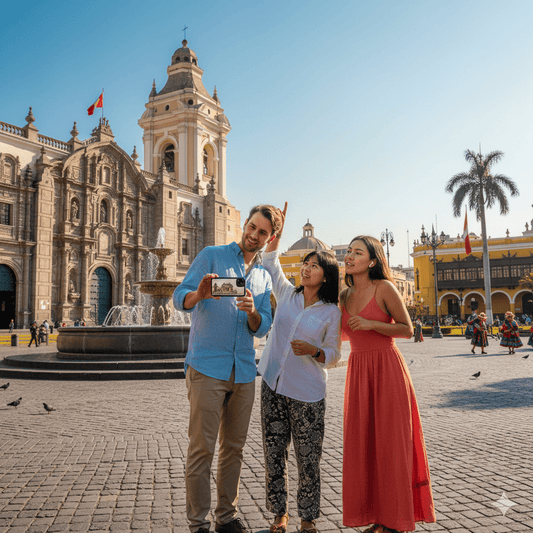 Lima Self-Guided Audio Tour by Uvamai Niche Tourism, featuring a smartphone displaying the tour app with city landmarks in the background.