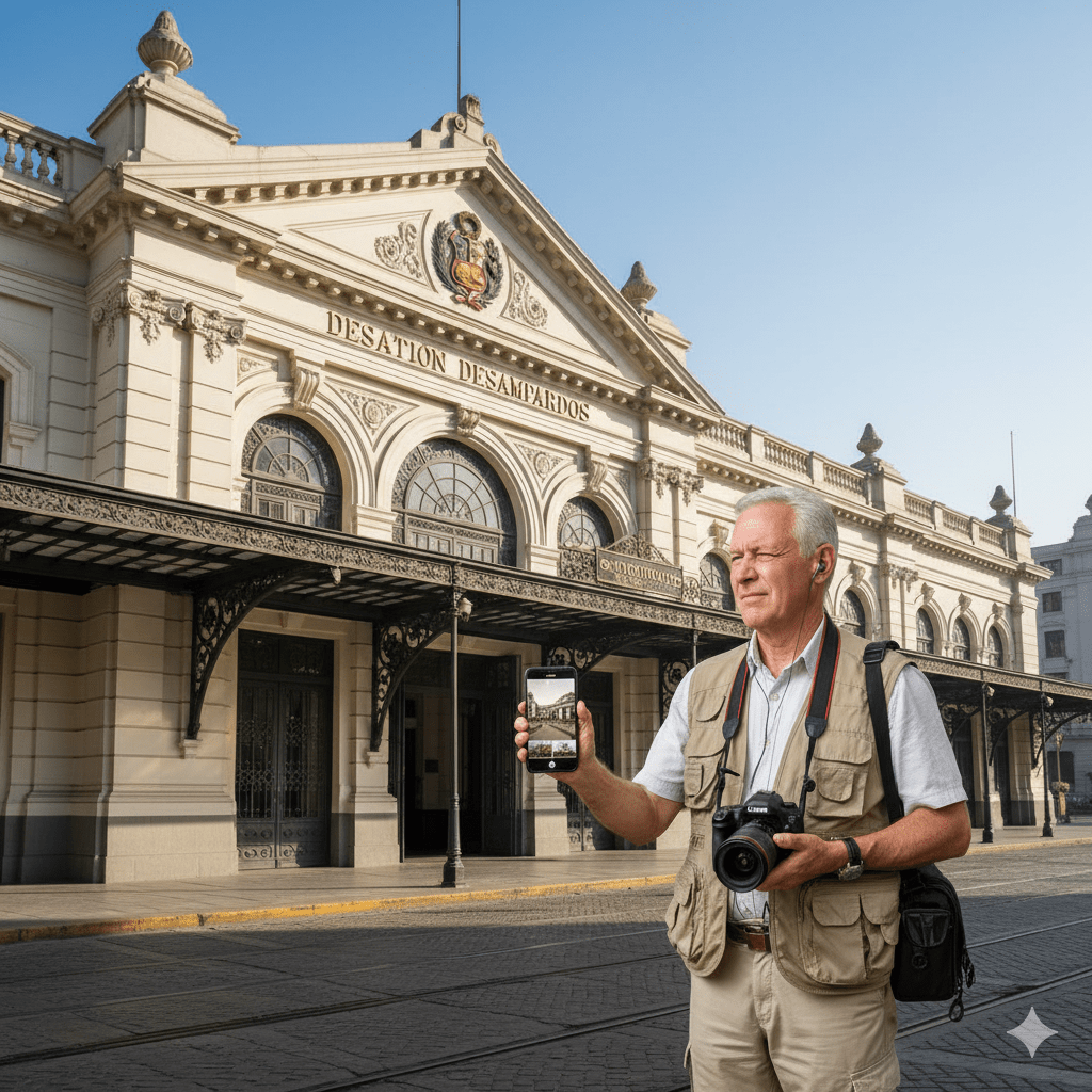 Lima Self-Guided Audio Tour by Uvamai Niche Tourism, showing a smartphone with audio tour interface over a cityscape background.