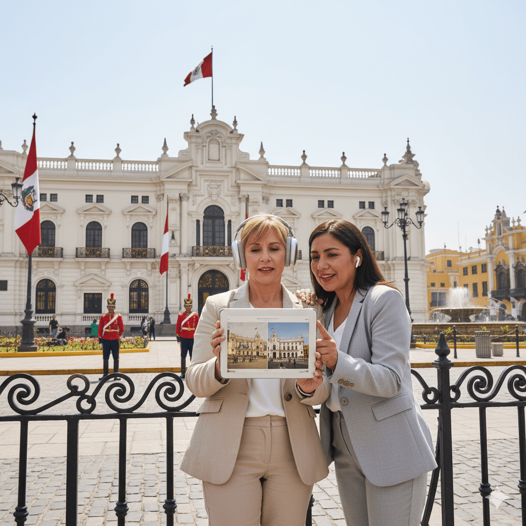 Lima Self-Guided Audio Tour by Uvamai Niche Tourism showing a mobile device with tour map and audio controls.