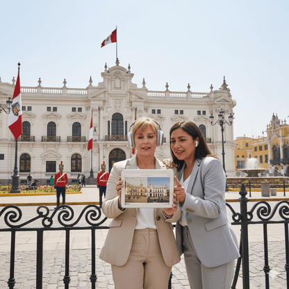 Lima Self-Guided Audio Tour by Uvamai Niche Tourism showing a mobile device with tour map and audio controls.