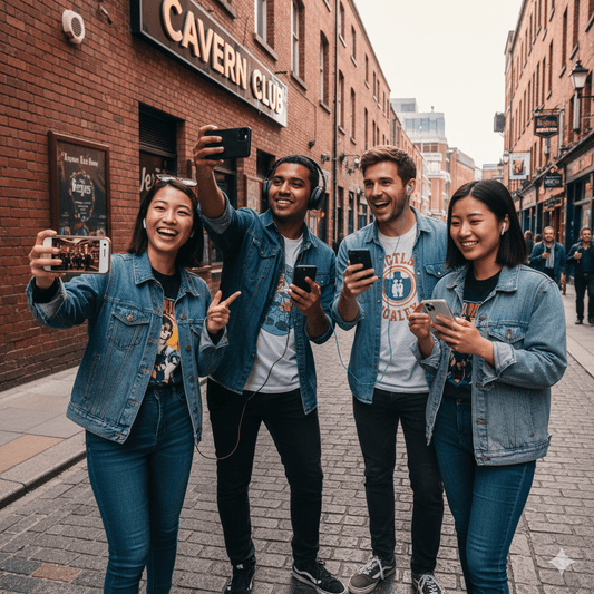 Liverpool Self-Guided Audio Tour by Uvamai Niche Tourism, featuring headphones and mobile device for exploring Liverpool's landmarks.