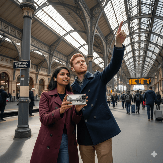 Liverpool self-guided audio tour by Uvamai Niche Tourism, featuring audio devices and tour route in Liverpool city.