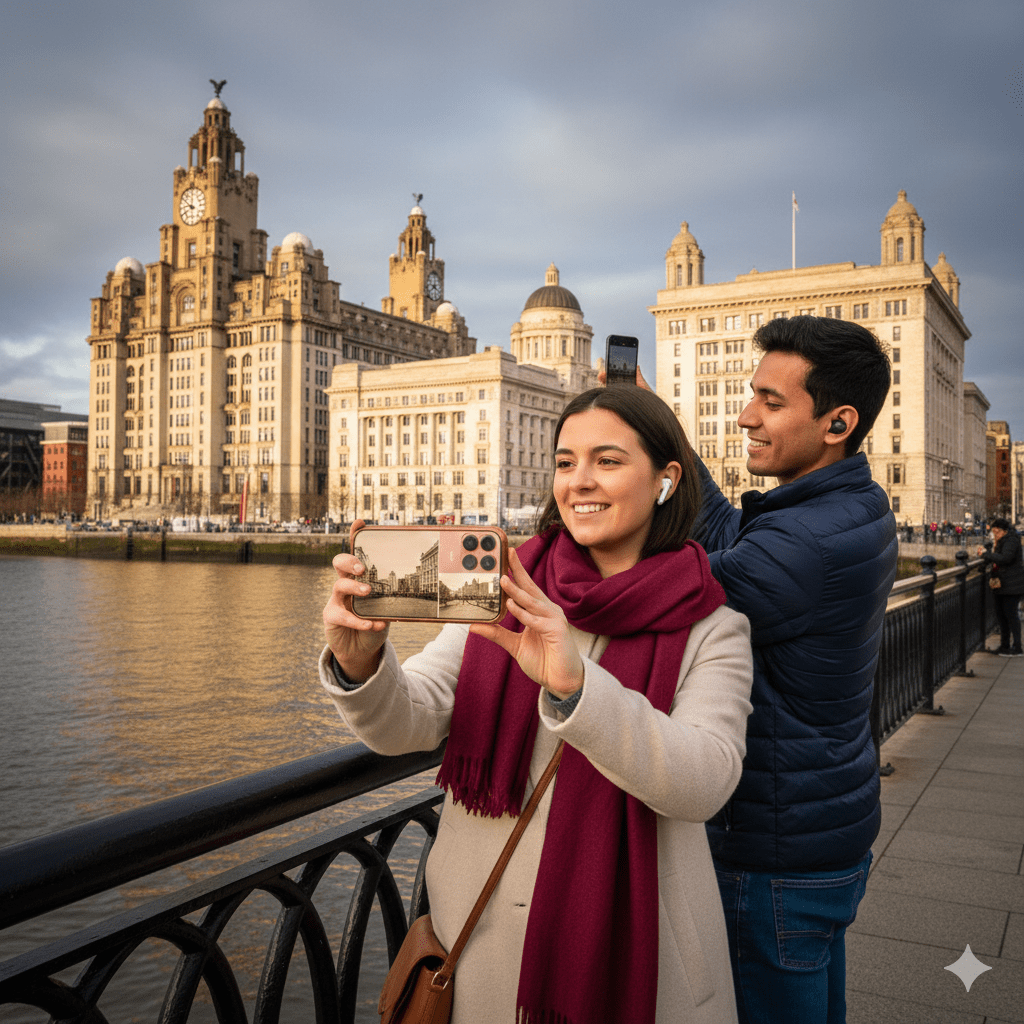 Liverpool self-guided audio tour by Uvamai Niche Tourism, featuring headphones and tour map for exploring Liverpool's landmarks.