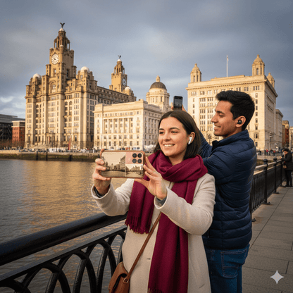 Liverpool self-guided audio tour by Uvamai Niche Tourism, featuring headphones and tour map for exploring Liverpool's landmarks.