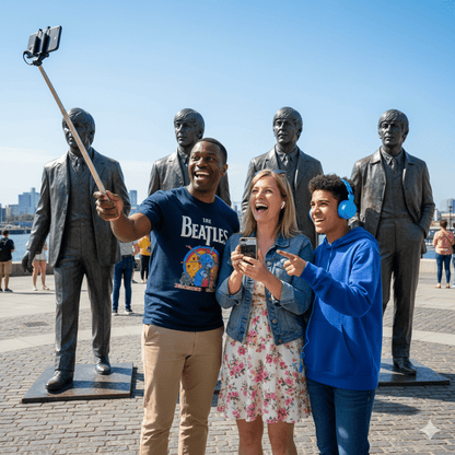 Liverpool Self-Guided Audio Tour by Uvamai Niche Tourism, featuring a smartphone with map and audio icons for exploring Liverpool sights.
