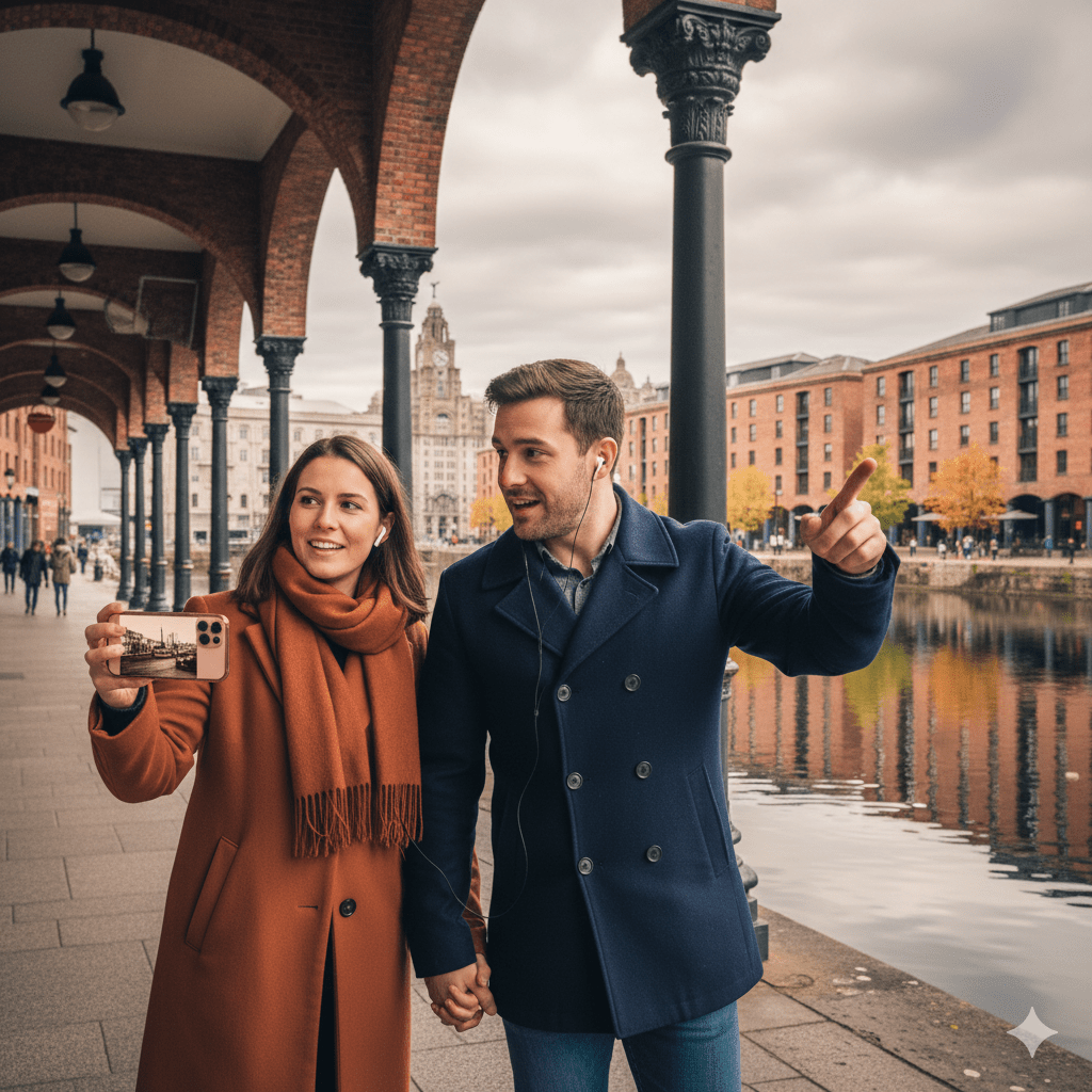 Liverpool Self-Guided Audio Tour by Uvamai Niche Tourism, featuring headphones and a smartphone for exploring Liverpool's landmarks.