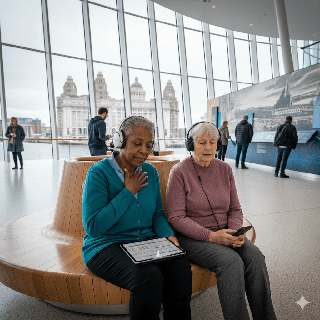 Liverpool Self-Guided Audio Tour by Uvamai Niche Tourism, featuring a smartphone with tour app and iconic Liverpool sights visible.