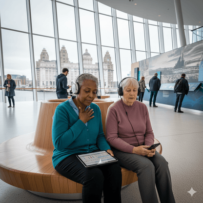 Liverpool Self-Guided Audio Tour by Uvamai Niche Tourism, featuring a smartphone with tour app and iconic Liverpool sights visible.