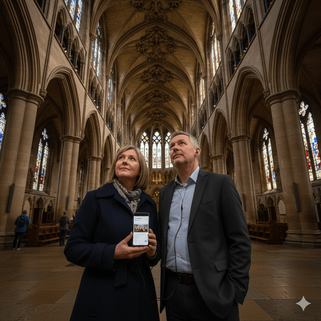 Liverpool self-guided audio tour by Uvamai Niche Tourism, showing a smartphone with tour app and historic Liverpool landmarks.