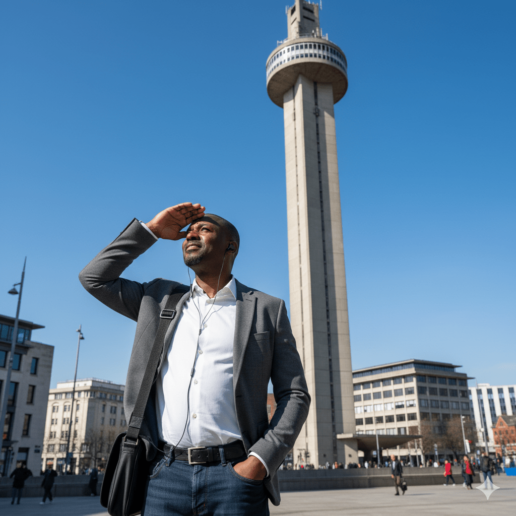 Liverpool self-guided audio tour by Uvamai Niche Tourism, featuring headphones and tour device over cityscape background.