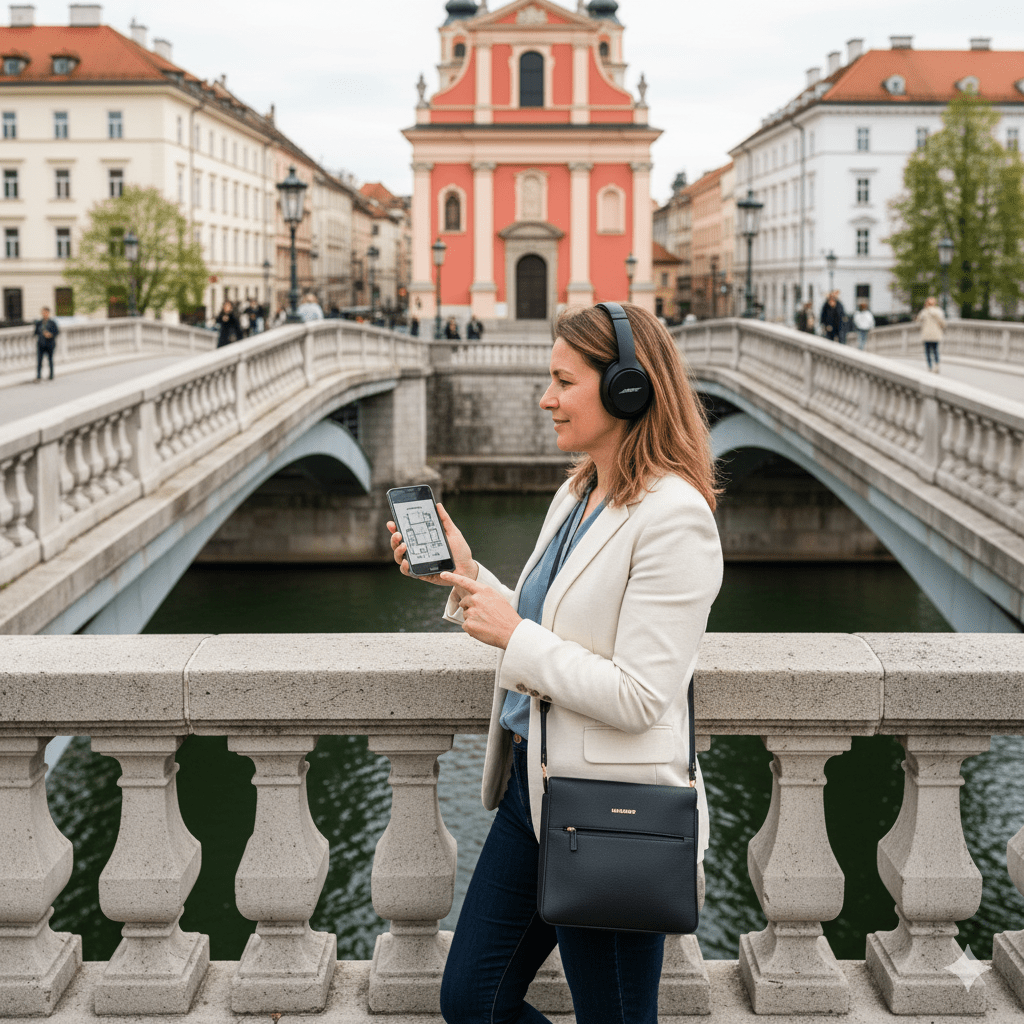 Ljubljana Self-Guided Audio Tour by Uvamai Niche Tourism, portable device showing map and audio controls for exploring Ljubljana.