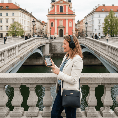 Ljubljana Self-Guided Audio Tour by Uvamai Niche Tourism, portable device showing map and audio controls for exploring Ljubljana.