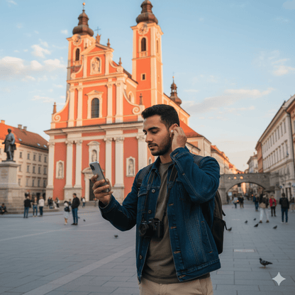 Ljubljana Self-Guided Audio Tour by Uvamai Niche Tourism, featuring a smartphone with map and headphones for exploring Ljubljana.