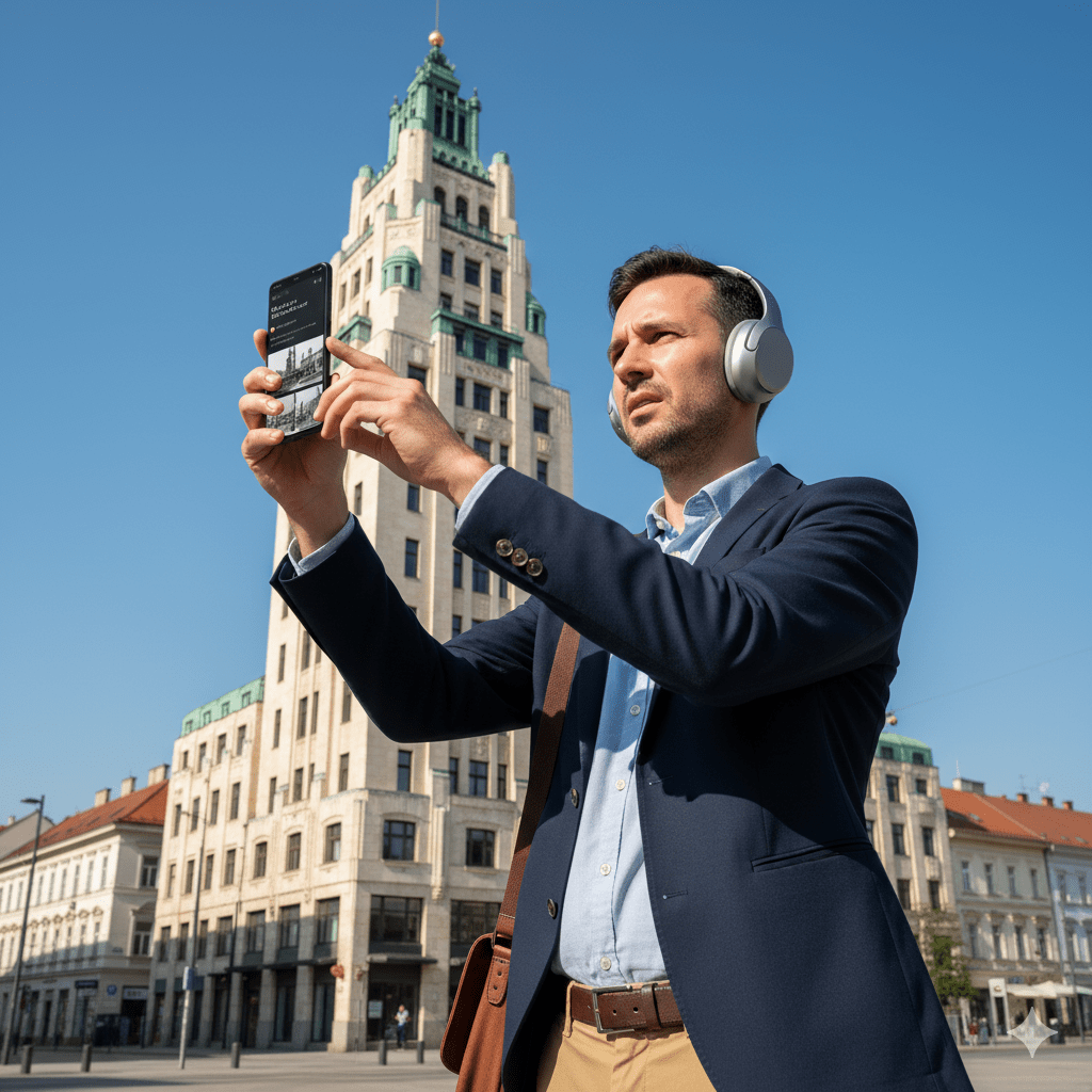 Ljubljana Self-Guided Audio Tour by Uvamai Niche Tourism, featuring audio guide device and map for exploring Ljubljana city.