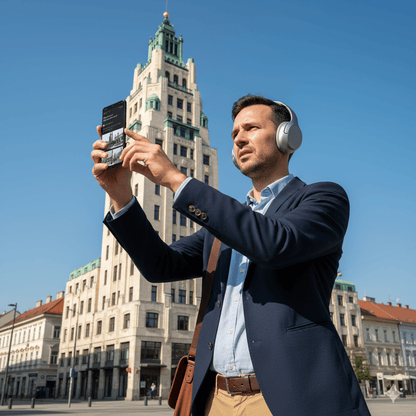 Ljubljana Self-Guided Audio Tour by Uvamai Niche Tourism, featuring audio guide device and map for exploring Ljubljana city.