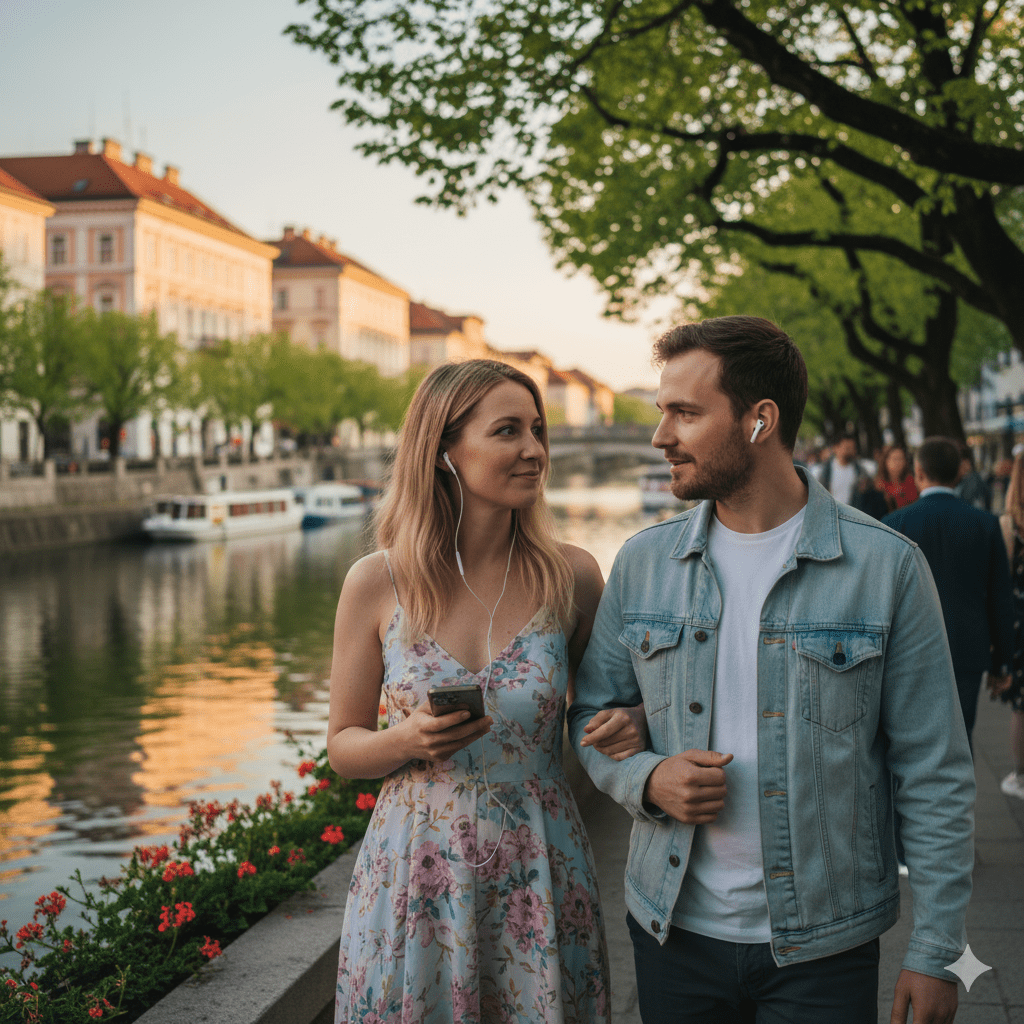 Ljubljana self-guided audio tour by Uvamai Niche Tourism, showing a smartphone with tour app and historic Ljubljana landmarks.