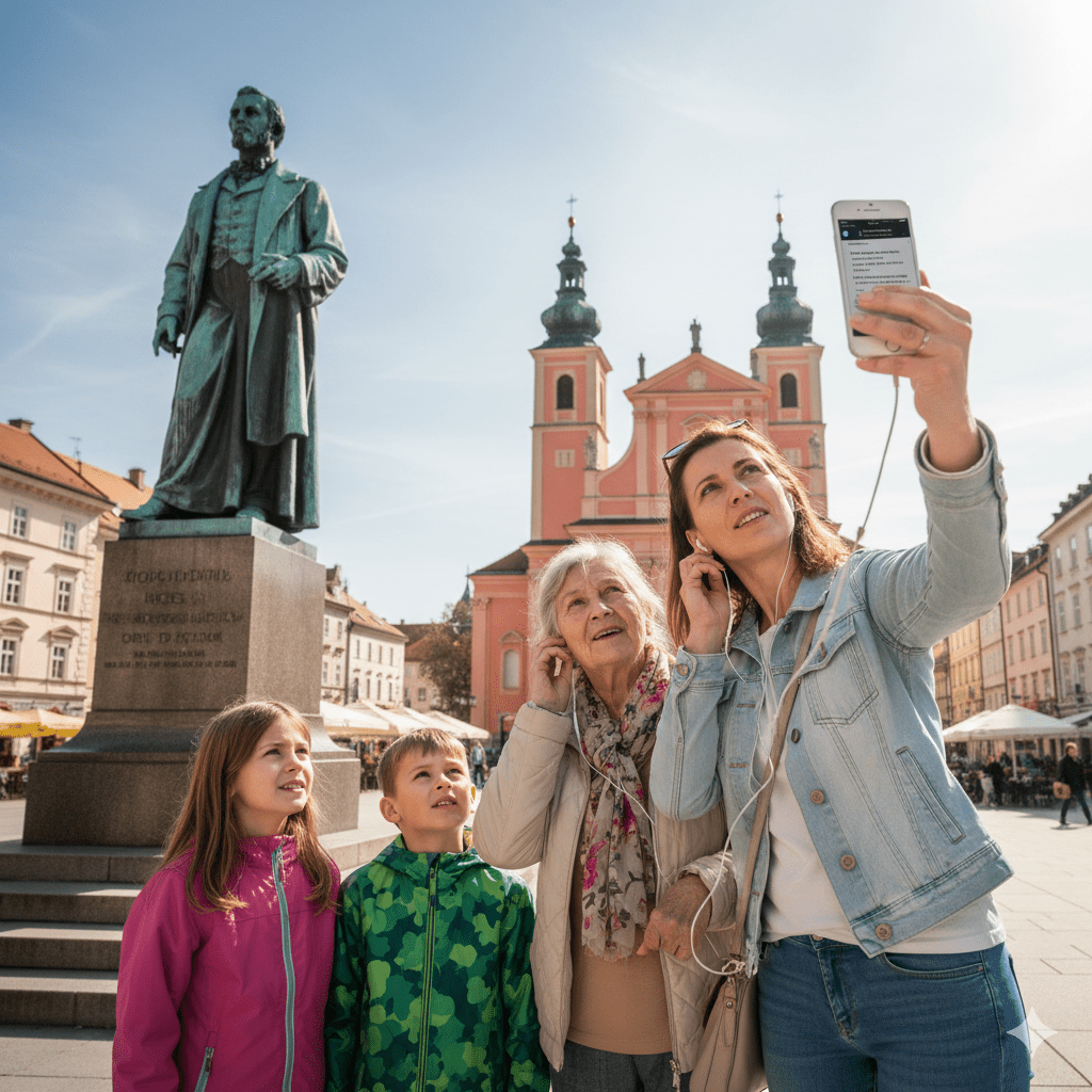 Ljubljana Self-Guided Audio Tour by Uvamai Niche Tourism, portable audio guide device for exploring Ljubljana's landmarks.