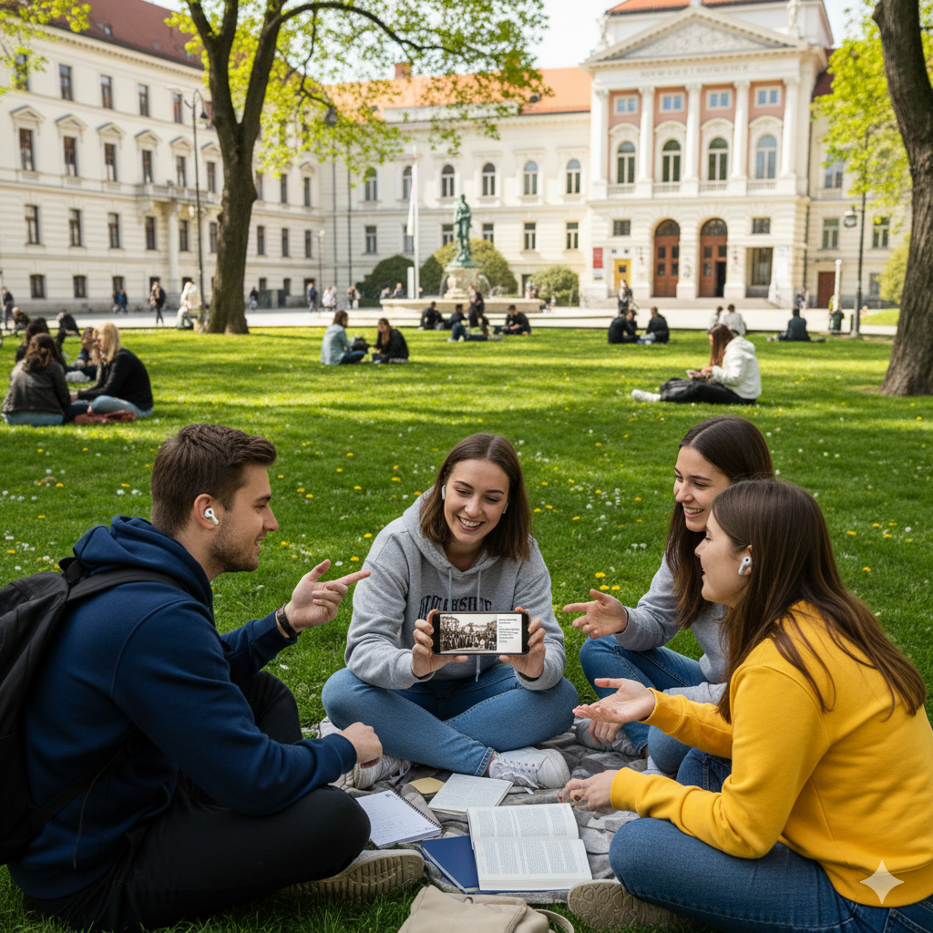 Ljubljana Self-Guided Audio Tour by Uvamai Niche Tourism, featuring a smartphone with a map and headphones in an outdoor setting.