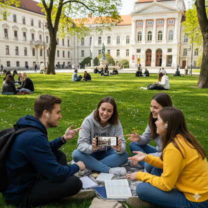 Ljubljana Self-Guided Audio Tour by Uvamai Niche Tourism, featuring a smartphone with a map and headphones in an outdoor setting.