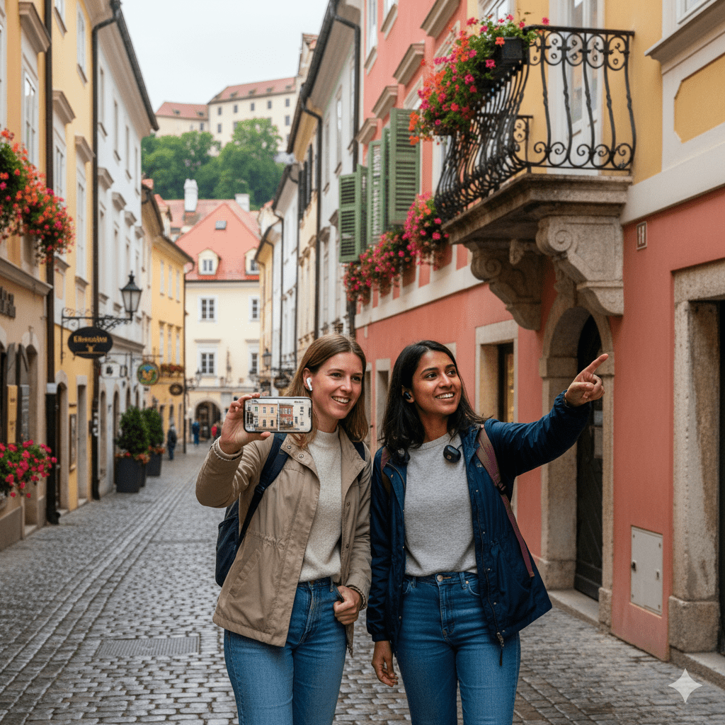 Ljubljana Self-Guided Audio Tour by Uvamai Niche Tourism, featuring a smartphone with audio guide app and scenic city views.