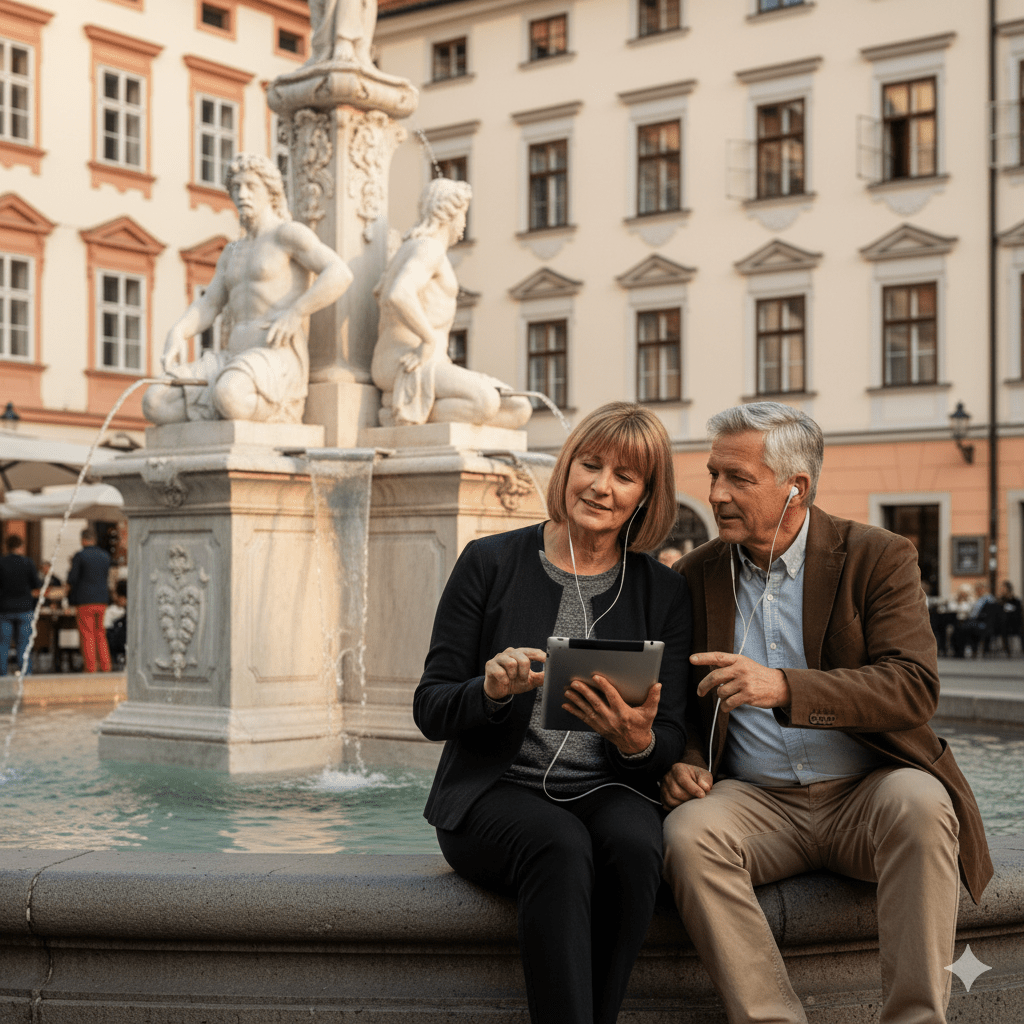 Ljubljana Self-Guided Audio Tour by Uvamai Niche Tourism, featuring a smartphone with city landmarks on the screen.